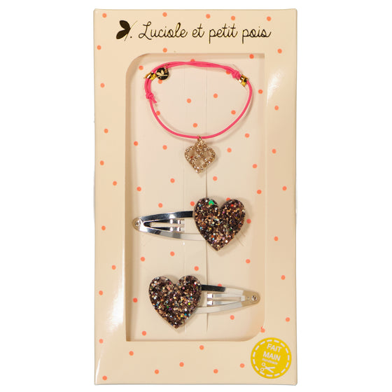 Fuchsia bracelet & Bronze hearts hair clips - Gift Set