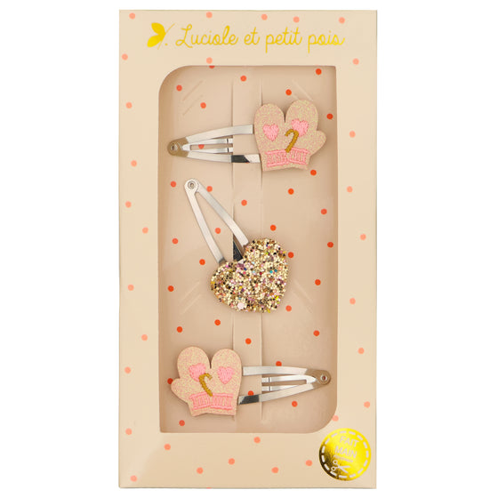 Mittens hair clips (pair) & gold multicolor heart - Trio Gift Set