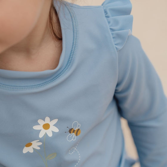 Girls Swim T-shirt Long Sleeves Ruffles Blue Daisies - My Little Thieves