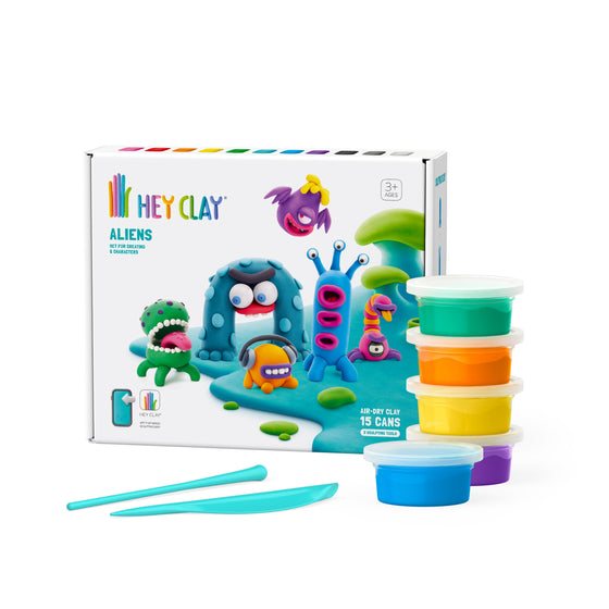 Aliens Set-Colourful Modeling Kids-Air Dry Clay Kit 15 cans and Sculpting Tools with Fun Interactive Instructions App