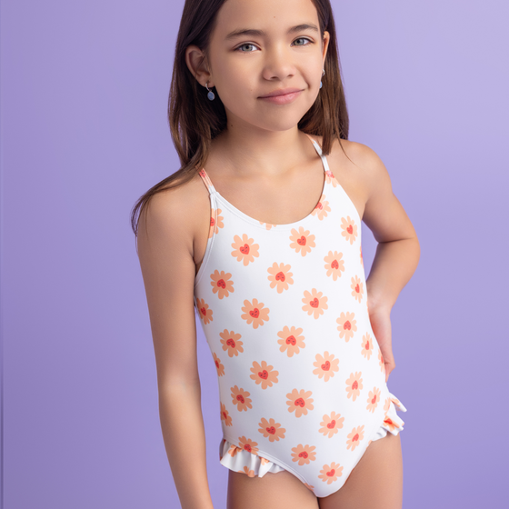 Flower Hearts Print  Girl Swimsuit