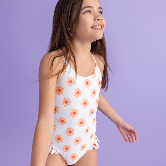 Flower Hearts Print  Girl Swimsuit