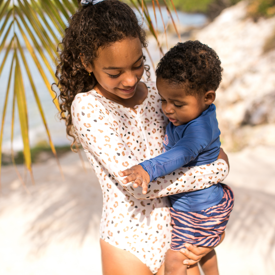 Khaki Leopard Print Swimsuit Girl Long rashguard Sleeves