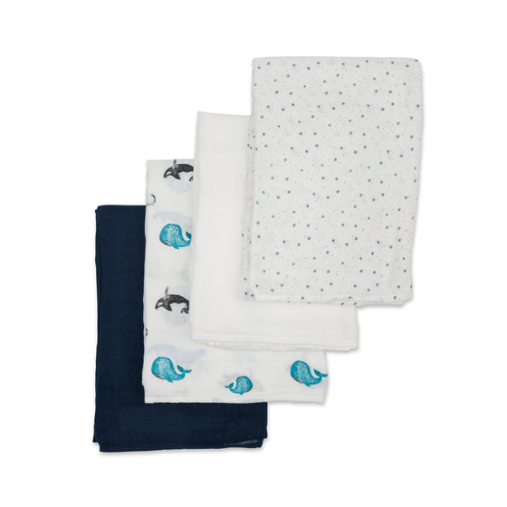 4-Pack Bamboo Muslin Swaddle Blankets - Whales & Stars