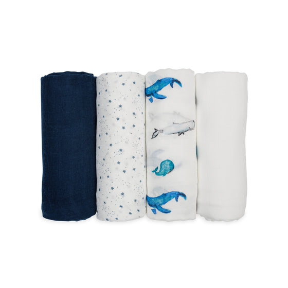 4-Pack Bamboo Muslin Swaddle Blankets - Whales & Stars