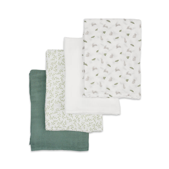 4-Pack Bamboo Muslin Swaddle Blankets - Bunnies & Fern