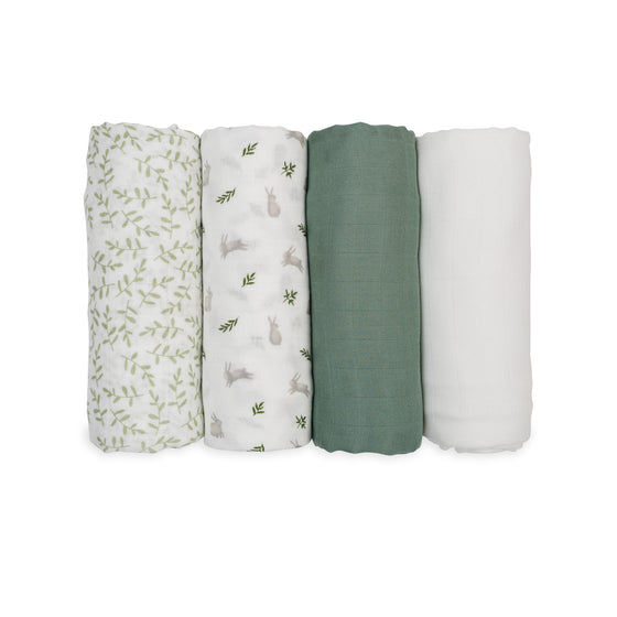 4-Pack Bamboo Muslin Swaddle Blankets - Bunnies & Fern