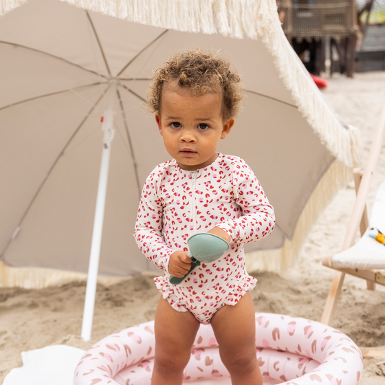 Pastel pink leopard print Swimsuit girl long sleeves by Swim Essentials