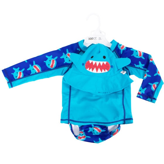 3 Pc Swim Set - Rashguard Top, Swim Diaper & Sunhat - Shark - My Little Thieves