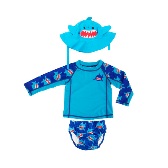 3 Pc Swim Set - Rashguard Top, Swim Diaper & Sunhat - Shark - My Little Thieves