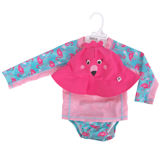 3 Pc Swim Set - Rashguard Top, Swim Diaper & Sunhat - Flamingo - My Little Thieves