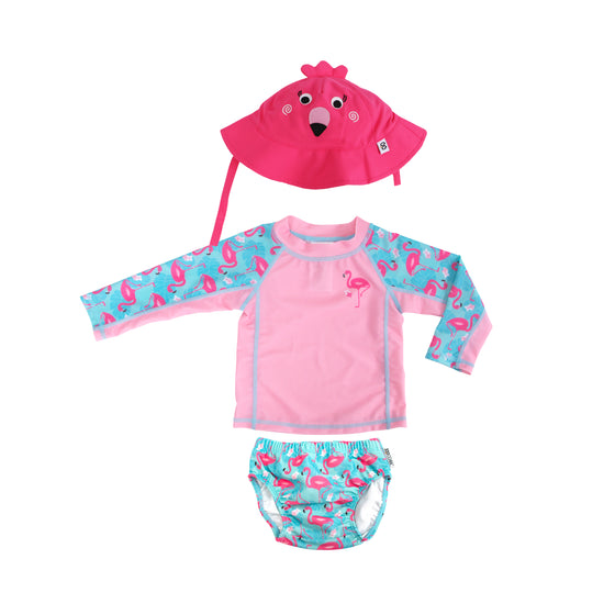 3 Pc Swim Set - Rashguard Top, Swim Diaper & Sunhat - Flamingo - My Little Thieves