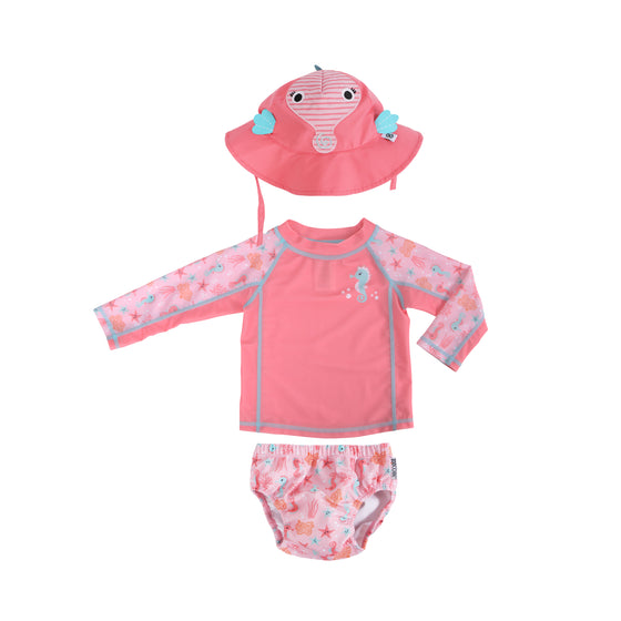 3 Pc Swim Set - Rashguard Top, Swim Diaper & Sunhat - Seahorse - My Little Thieves