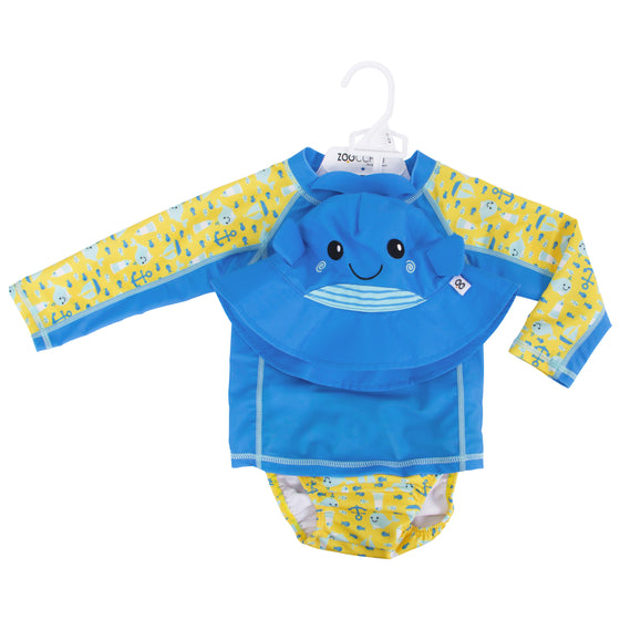 3 Pc Swim Set - Rashguard Top, Swim Diaper & Sunhat - Whale - My Little Thieves