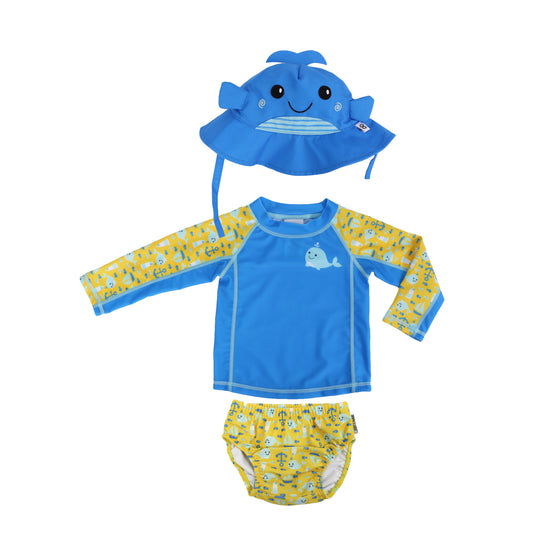 3 Pc Swim Set - Rashguard Top, Swim Diaper & Sunhat - Whale - My Little Thieves