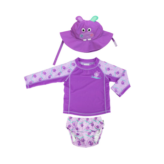 3 Pc Swim Set - Rashguard Top, Swim Diaper & Sunhat - Hippo - My Little Thieves