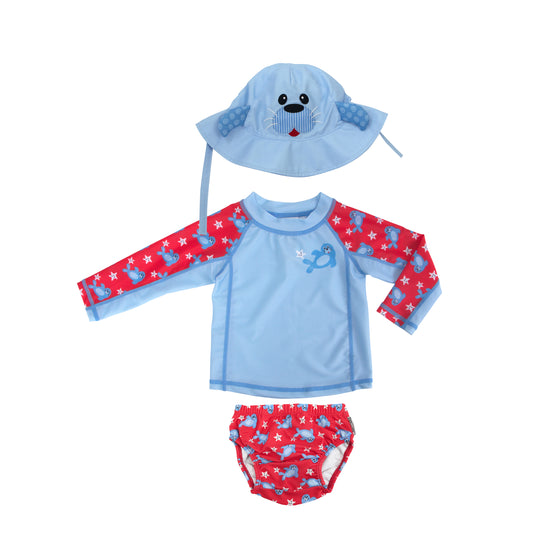 3 Pc Swim Set - Rashguard Top, Swim Diaper & Sunhat - Seal - My Little Thieves