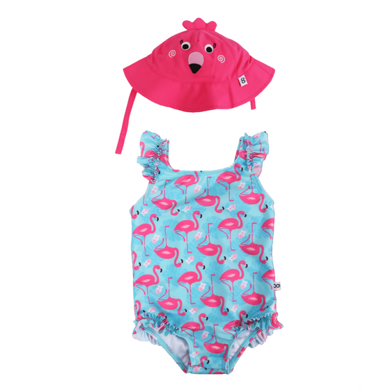 Baby Ruffled Swimsuit & Sunhat Set - Flamingo - My Little Thieves