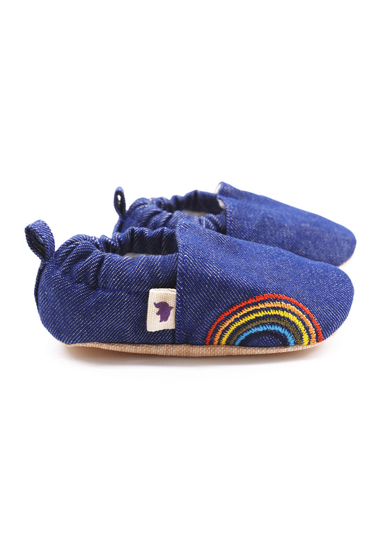 Non-Slip Moccasins - Denim Sun & Rainbow